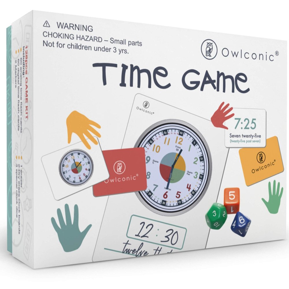 OWLCONIC Learning Time Game - 128 Piece Teaching Aid to Help Kids Learn Analog and Digital Time - Educational Resource Toy for Children - Kindergarten Homeschool Supplies