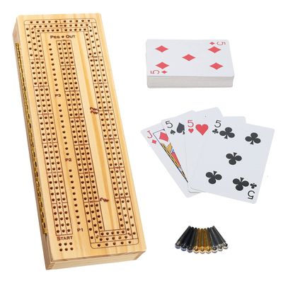 WE Games 3 Player Wooden Cribbage Set - Easy Grip Pegs and 2 Decks of Cards Inside of Board - Natural Wood