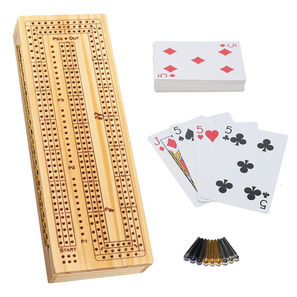 WE Games 3 Player Wooden Cribbage Set - Easy Grip Pegs and 2 Decks of Cards Inside of Board - Natural Wood