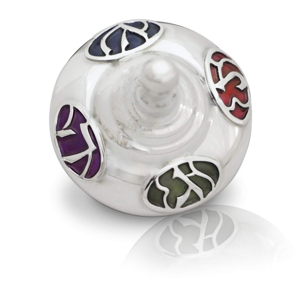 Hanukkah Modern dreidel design 925 sterling silver with colorful enamel andHebrew letters, Jewish Chanukkah gift Spinning Top Israel handmade Collector's by Nadav Art 2.5"w x 2"h Weight - 36gr
