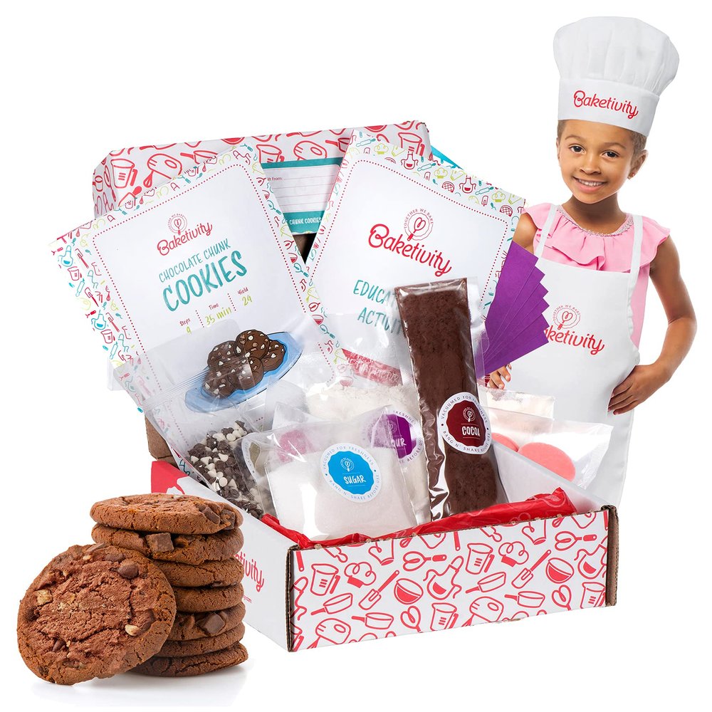Baketivity Kids Baking DIY Activity Kit - Bake Delicious Chocolate Chunk Cookies with Pre-Measured Ingredients  Best Gift Idea for Boys and Girls Ages 6-12  Includes Free Hat and Apron