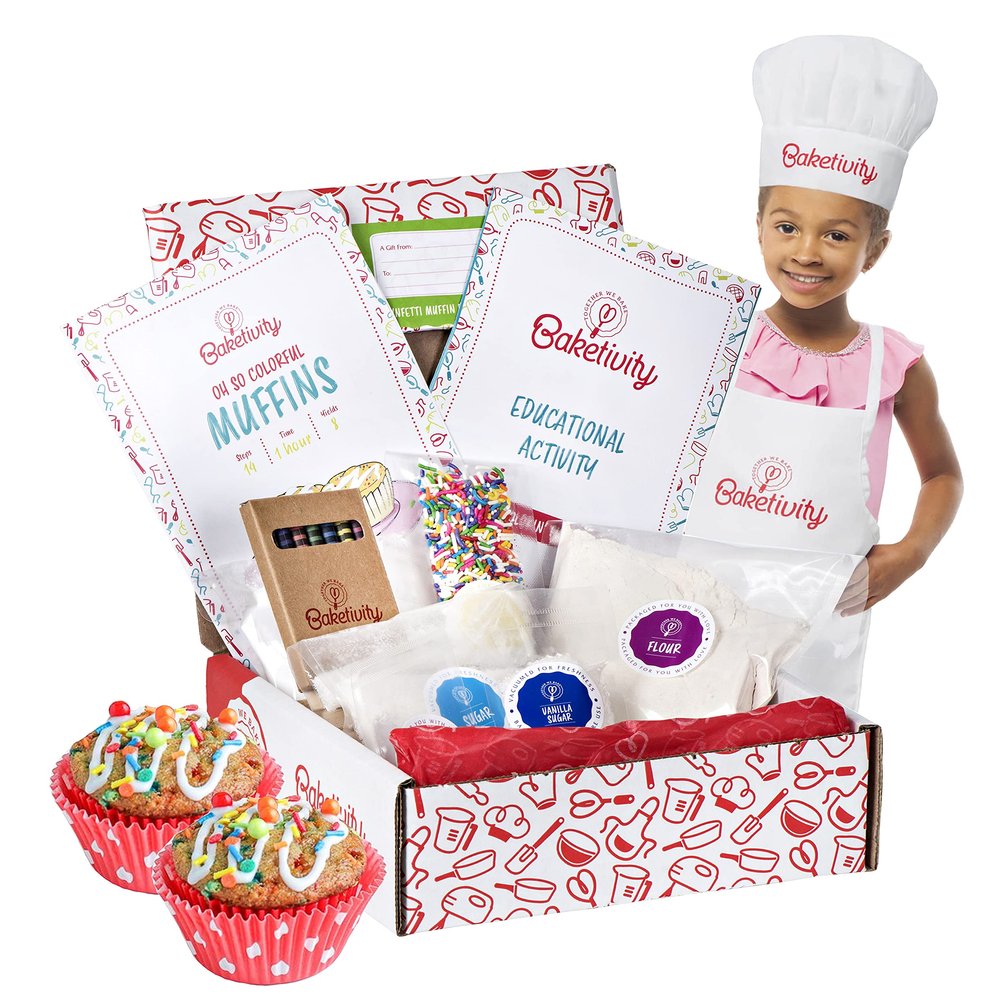 Baketivity Kids Baking DIY Activity Kit - Bake Delicious Confetti Muffins with Pre-Measured Ingredients  Best Gift Idea for Boys and Girls Ages 6-12  Includes Free Hat and Apron