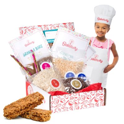 Baketivity Kids Baking DIY Activity Kit - Bake Delicious Healthy Granola Bars with Pre-Measured Ingredients  Best Gift Idea for Boys and Girls Ages 6-12  Includes Free Hat and Apron