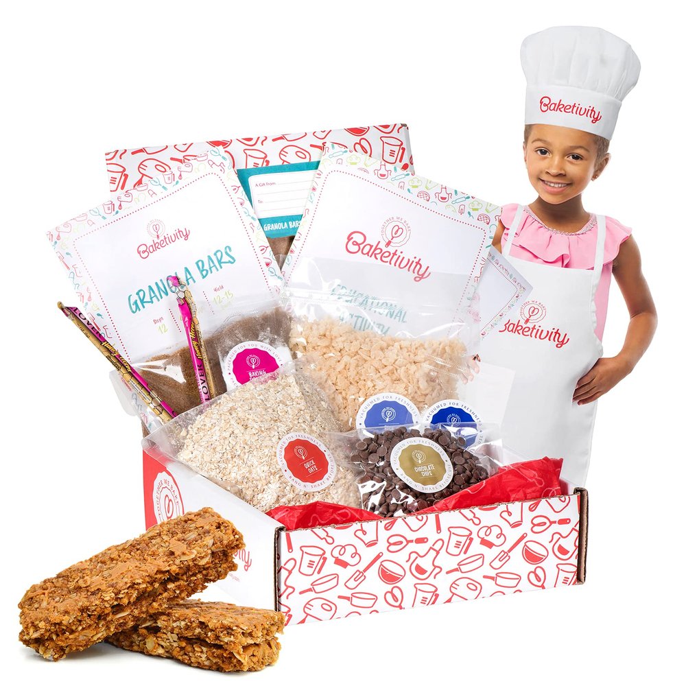 Baketivity Kids Baking DIY Activity Kit - Bake Delicious Healthy Granola Bars with Pre-Measured Ingredients  Best Gift Idea for Boys and Girls Ages 6-12  Includes Free Hat and Apron