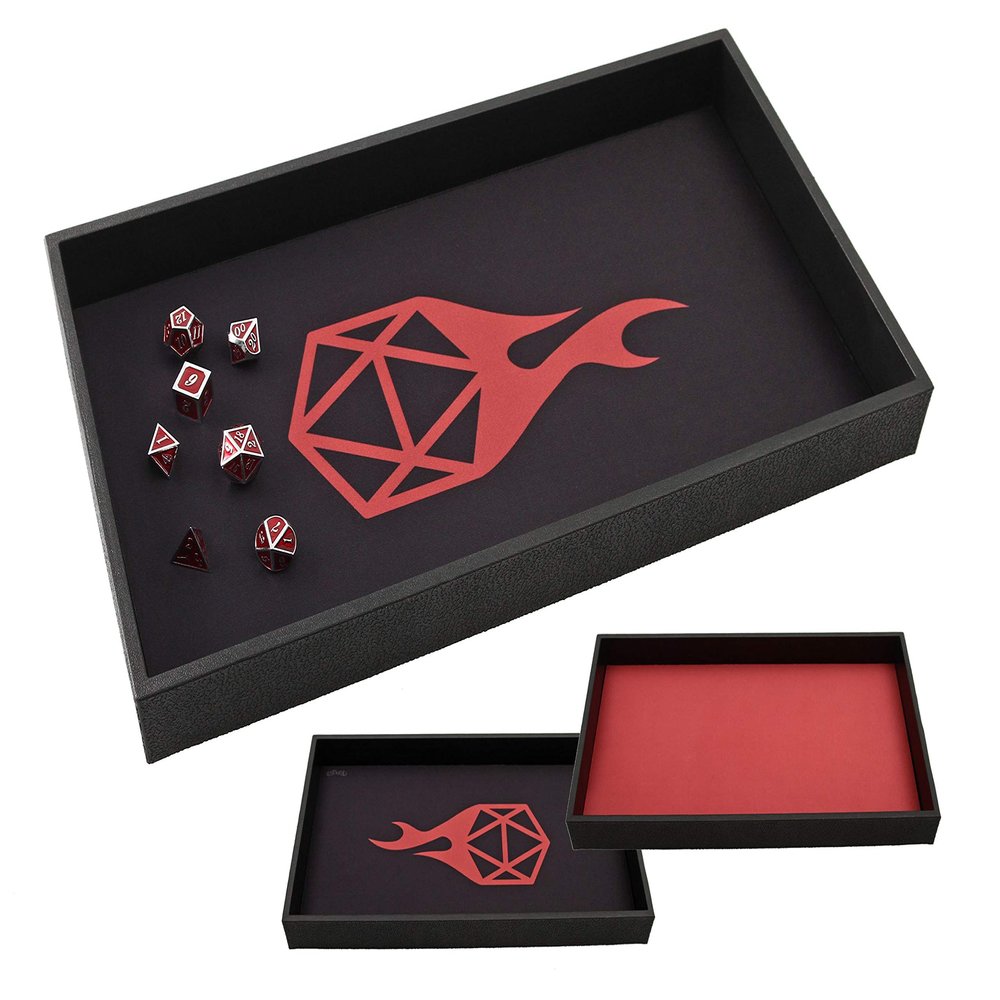 Forged Dice Co. Dice Tray 14" - Double Sided and Removable Neoprene Rolling Dice Mat - for Any Dice or Board Game, Tabletop RPGs Like D&D Pathfinder Roleplaying Game Black Tray w/Red D20 Icon Mat
