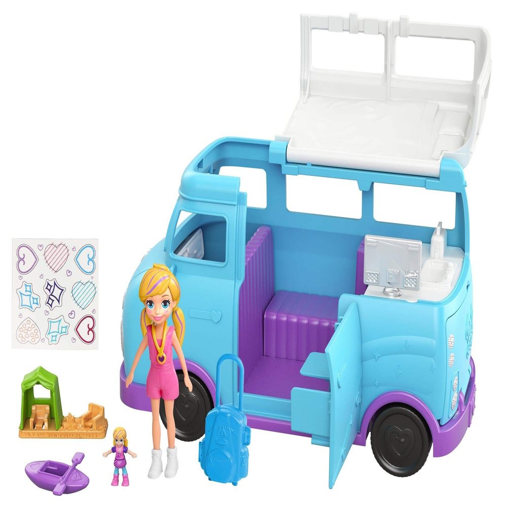Polly Pocket Glamping Van with Dual Camping for 3-inch Polly Doll & Micro Polly Doll; Van Opens to Living Area & Trunk Opens to Micro Living Area Plus Accessories