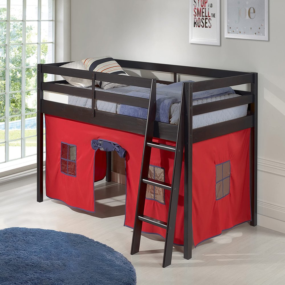 Roxy Twin Wood Junior Loft Bed with Espresso Finish & Red & Blue Bottom Tent, Kids Furniture, Ideal for Small Bedrooms, Mattress Ready, Storage Beneath, Simple Assembly Required