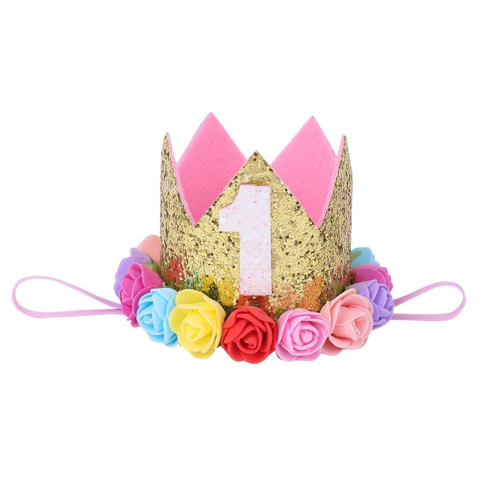 ACSUSS Infant Baby Boy Girls Gold Flower Crown Tiara First 1st Birthday Party Hat Shiny Letter 1/One Print Headbands #6 Gold''1'' Colorful One Size