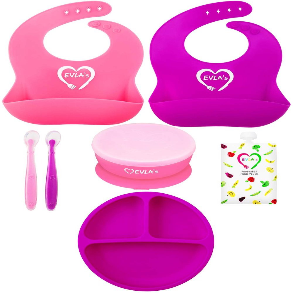 EVLA'S Baby Feeding Set, Baby Led Weaning Supplies, Adjustable Silicone Bibs, Divided Plate, Suction Bowl with Lid, Soft Spoons for Babies or Toddlers, Baby Registry must have!(Pink and Purple)
