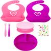 EVLA'S Baby Feeding Set, Baby Led Weaning Supplies, Adjustable Silicone Bibs, Divided Plate, Suction Bowl with Lid, Soft Spoons for Babies or Toddlers, Baby Registry must have!(Pink and Purple) view 1