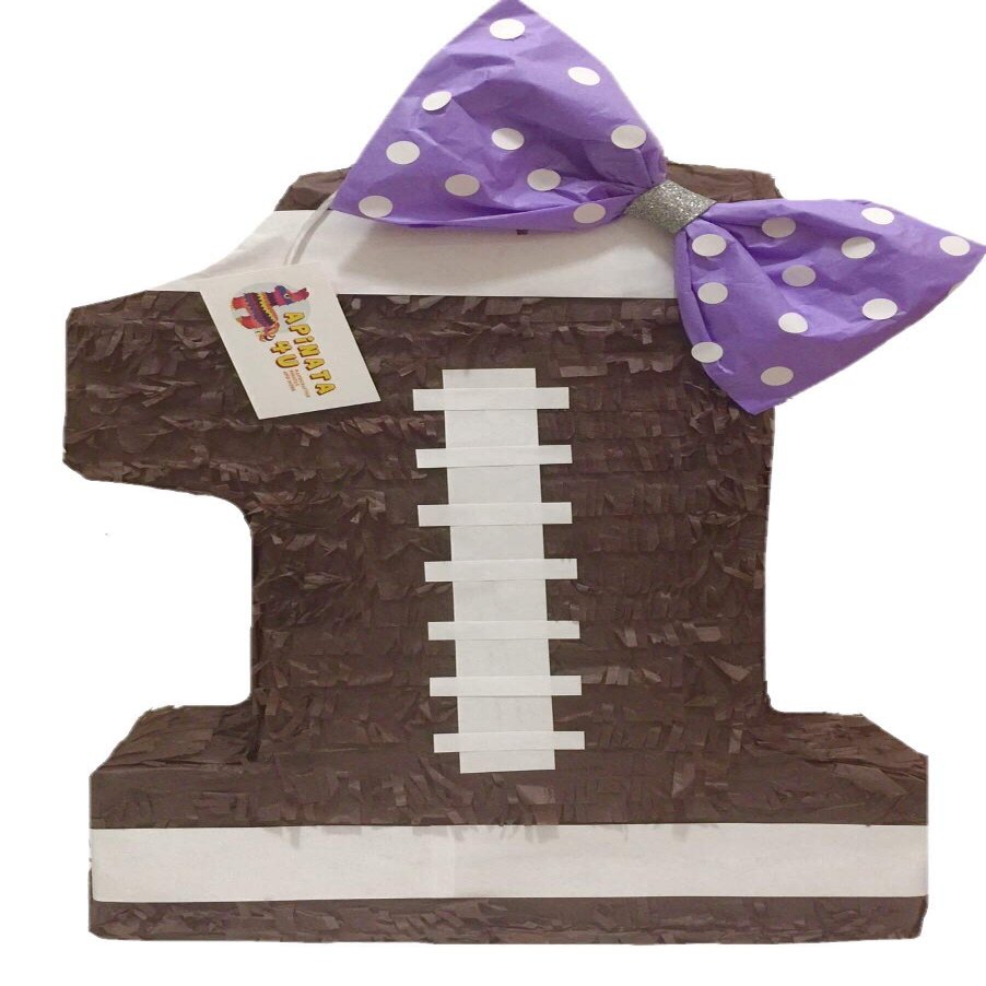 APINATA4U 20" Tall Number One Brown Football Theme Pinata with Lavender Bow