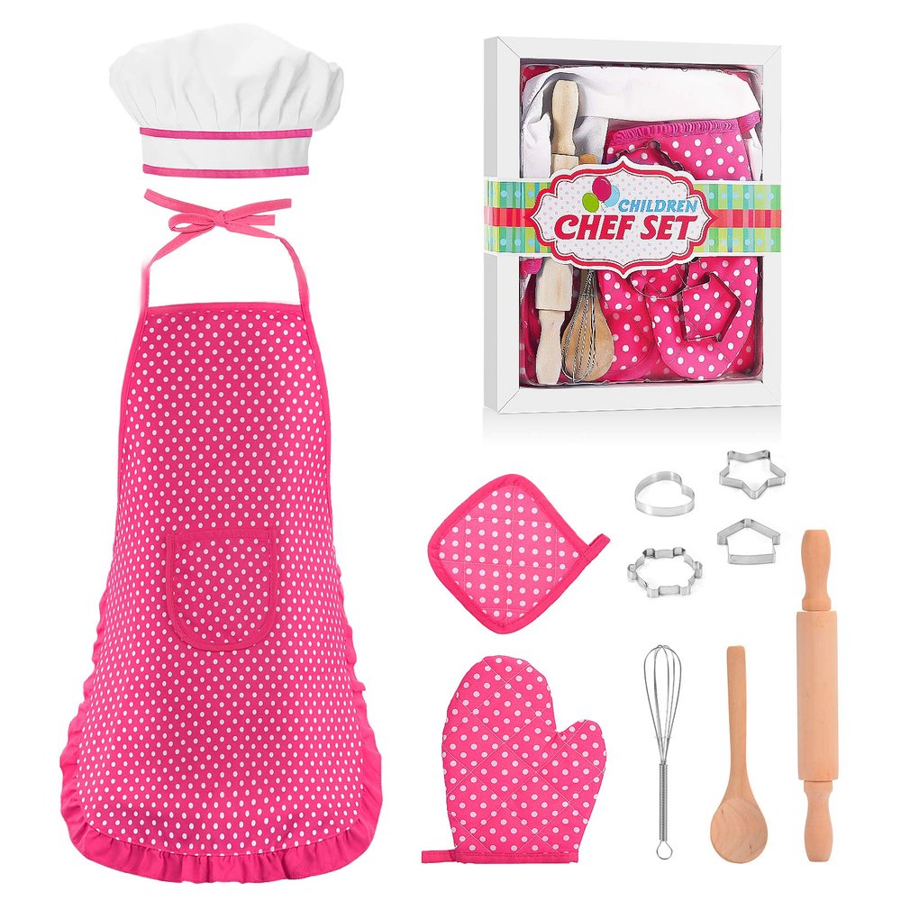 Toyze Popular Gifts for 2-8 Year Old Girls Boys, Chef Costume Set for Kids Apron for Girls Kids Chef Hat and Apron Toddler Cooking Toys Birthday Xmas Gifts for kids Stocking Stuffer for Toddlers Pink