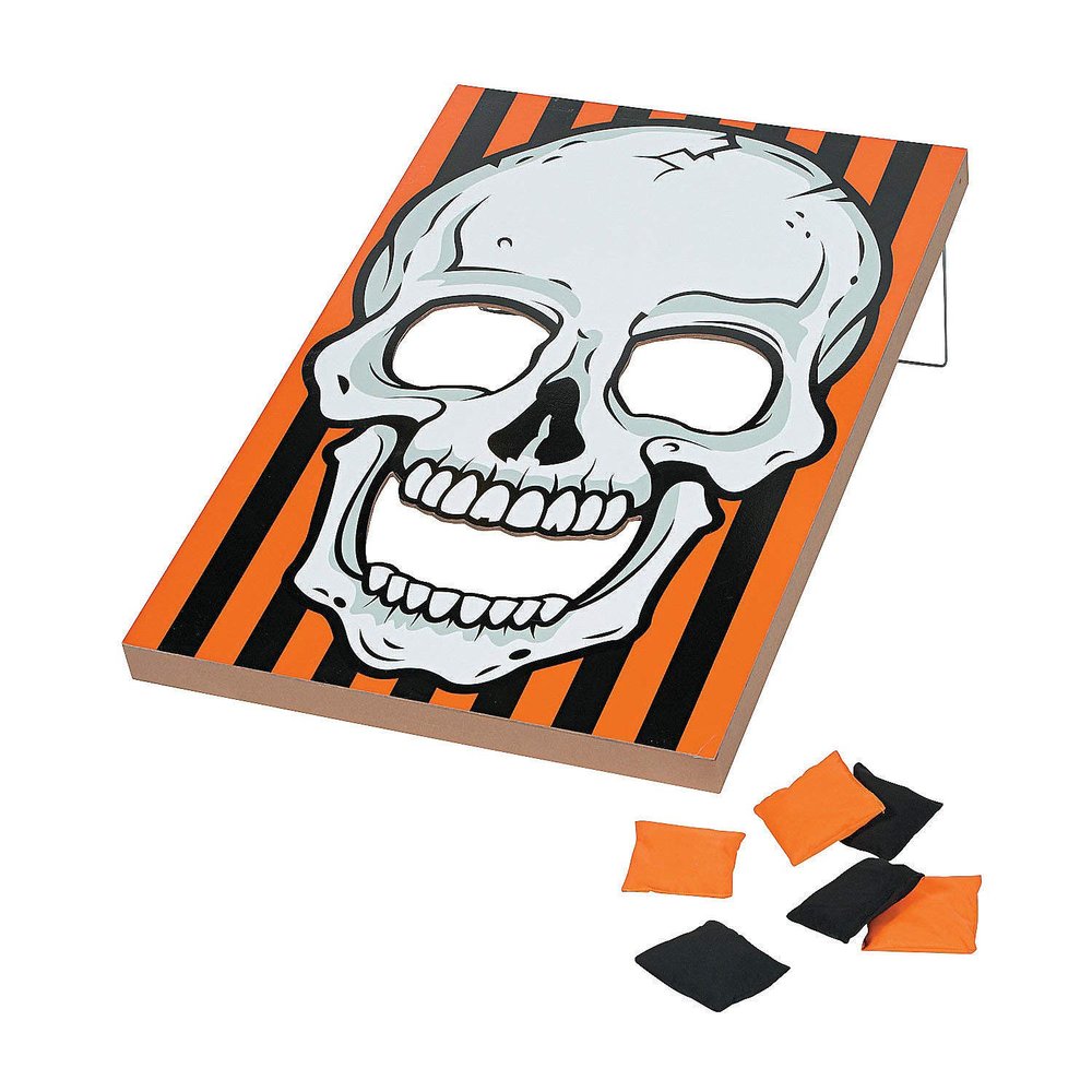Fun Express Halloween Bean Bag Toss Game - Large Wooden Skull Design Board with 6 Bean Bags | Perfect for Halloween Party Games, Carnival Activities & Fall Festival Fun for Kids and Adults