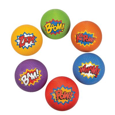 Fun Express Superhero Textured Rubber Playground Balls - 8.5" (Pack of 6) - Assorted Colorful Hero Catchwords Design, Perfect for Birthday Parties, Classroom, and Playtime Activities