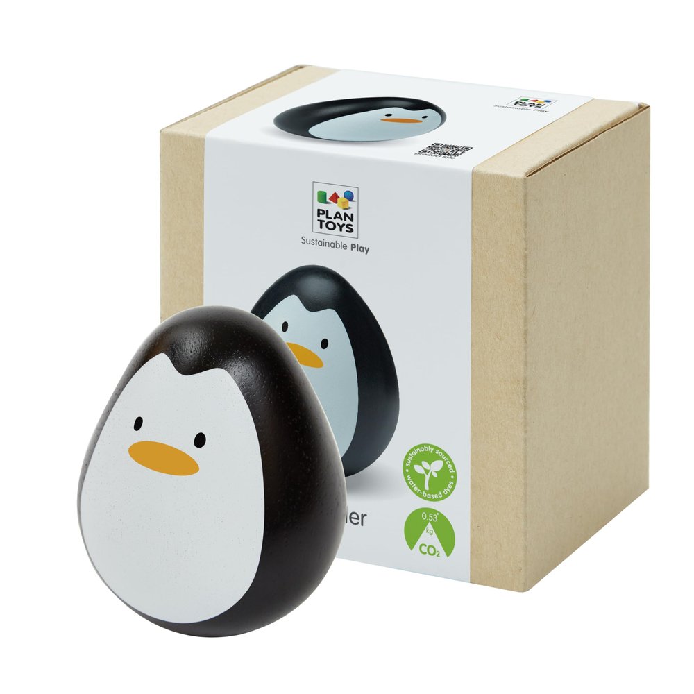 PlanToys Penguin Wobbler Montessori Wooden Baby Sensory Toy for Tummy Time | Cause & Effect Developmental Toy for Babies 6+ Months