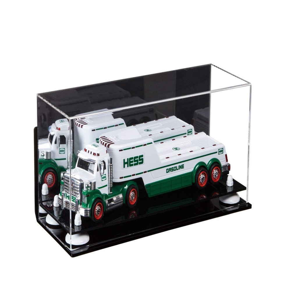 Better Display Cases Versatile Clear Acrylic Trucks, Trains and Rockets Display Case - Large Rectangle Box with Mirror Case, White Risers, Black Base and Wall Mount 17" x 6" x 7" (A019/V46)