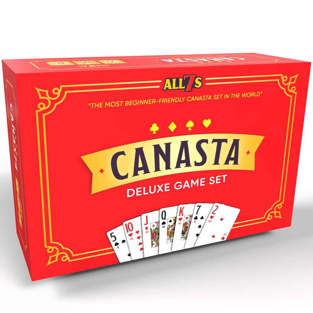 All7s Deluxe Canasta Game Set for Adults & Seniors, Jumbo Index Large Print Cards, Rotating Tray, Scorepad, Classic Playing Card Game, Gift for Families & Grandma