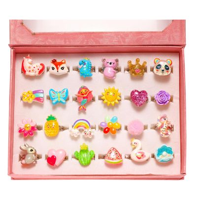 PinkSheep Little Girl Jewel Rings in Heart Box, Adjustable, Girl Gift Pretend Play and Dress Up Rings (Bling)