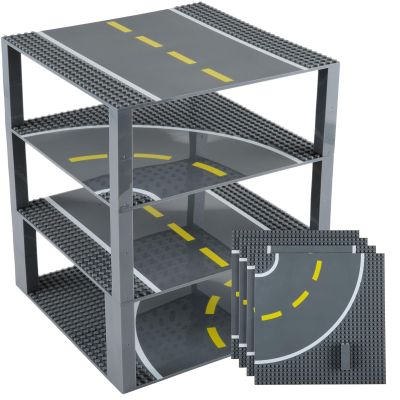Strictly Briks Building Blocks Road Plates 10" x 10", 4 Pack City Road Classic Baseplates for Highway Bridge, Street, Race Track, Compatible with All Major Brands (2 Straight, 2 Curved, 30 Stackers)