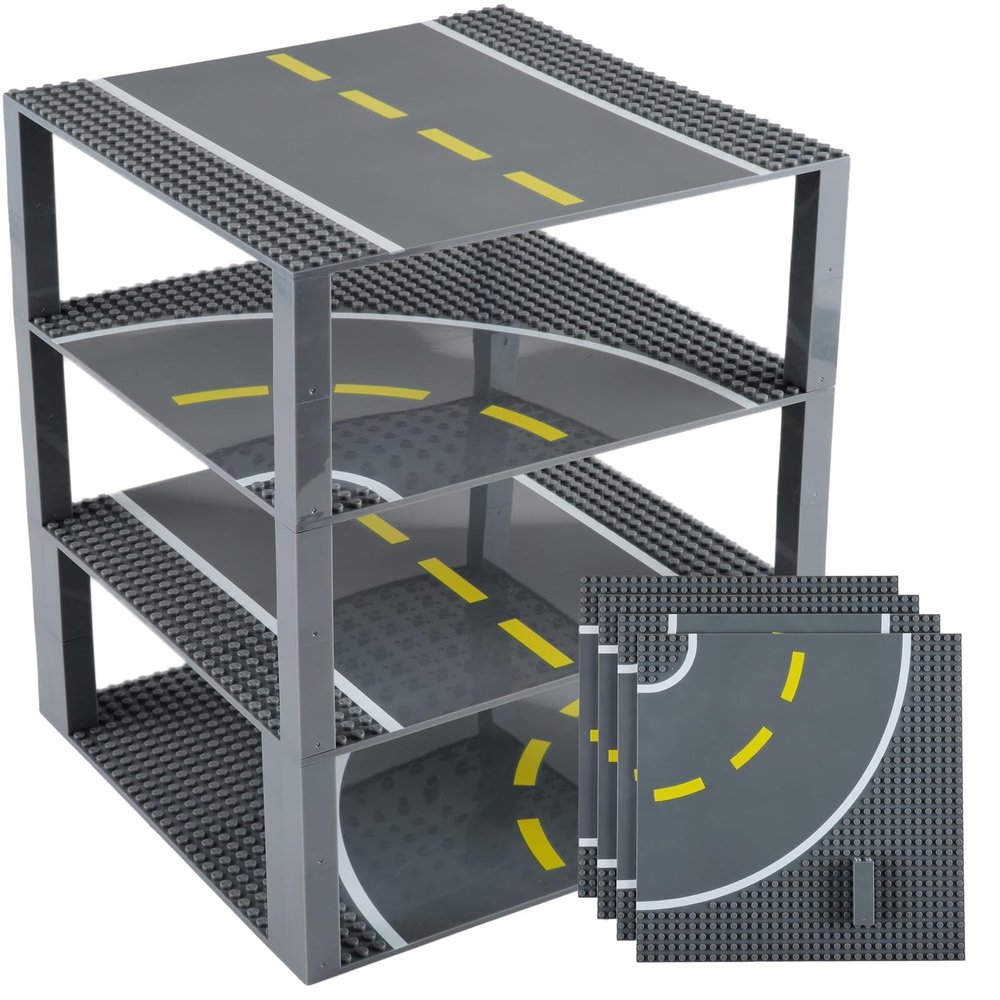Strictly Briks Building Blocks Road Plates 10" x 10", 4 Pack City Road Classic Baseplates for Highway Bridge, Street, Race Track, Compatible with All Major Brands (2 Straight, 2 Curved, 30 Stackers)