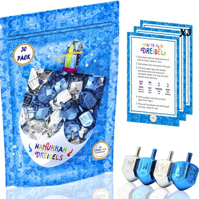 The Dreidel Company 25-Pack Hanukkah Plastic Silver & Blue Metallic Dreidels with English Translation, Spinning Tops Includes Dreidel Game Instruction Card