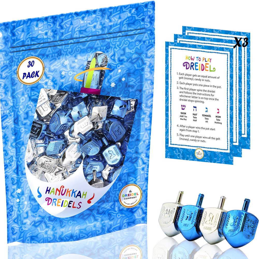 The Dreidel Company 25-Pack Hanukkah Plastic Silver & Blue Metallic Dreidels with English Translation, Spinning Tops Includes Dreidel Game Instruction Card