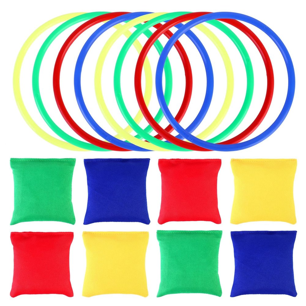 OOTSR 16pcs Nylon Bean Bags Plastic Rings Game Sets for Kids Ring Toss Game Booth Carnival Garden Backyard Outdoor Games Speed and Agility Training Games(8x8cm Bean Bag)