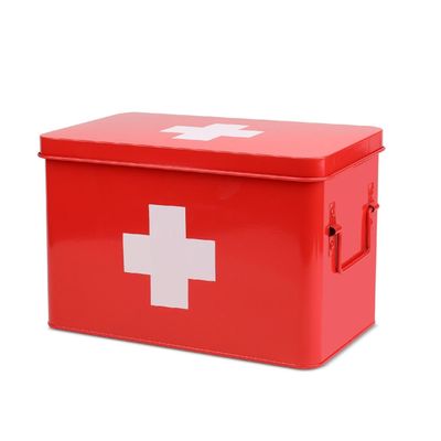 Flexzion First Aid Box Organizer Empty 13" Red Vintage First Aid Kit Tin Metal Medical Box - First Aid Storage Box Container Bins with Dividers, Removable Tray and White Cross Logo
