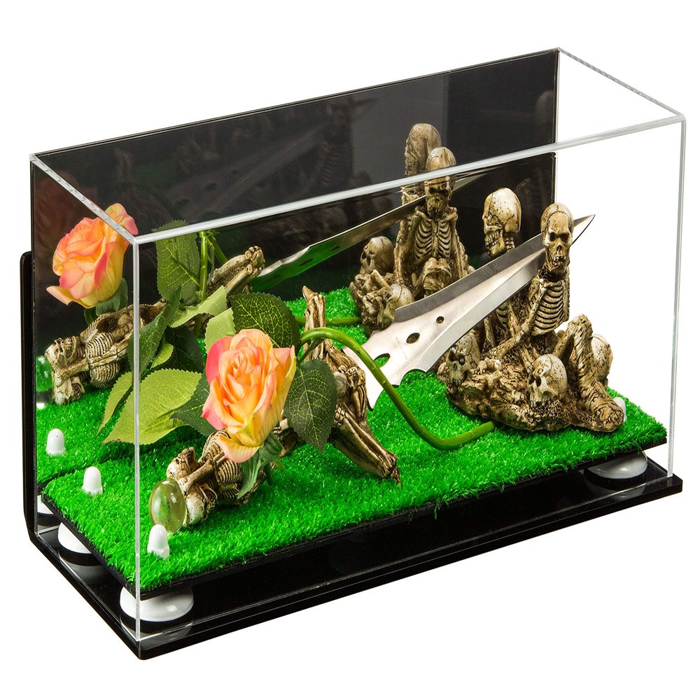 Better Display Cases Versatile Clear Acrylic Trucks, Trains and Rockets Display Case - Large Rectangle Box with Mirror Case, White Risers, Turf Base and Wall Mount 17" x 6" x 7" (A019/V46)