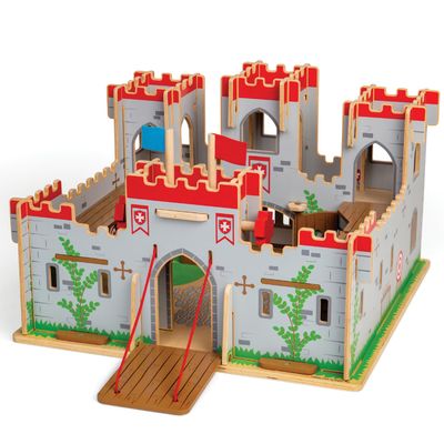 Bigjigs Toys King George's Castle Wooden Toy for Kids Age 3+ | Working Slot-Together Fort with Drawbridge, Balconies & Doors | Medieval Wood Toys for Fantasy Role Play | Educational Gift for Children