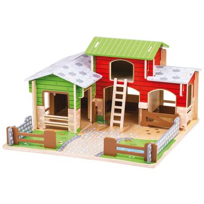 Bigjigs Toys Wooden Cobblestone Farm with Working Gates, a Stable, Hay Loft