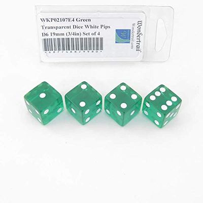 Green Transparent Dice with White Pips Square Corners D6 19mm (3/4in) Set of 4 Wondertrail