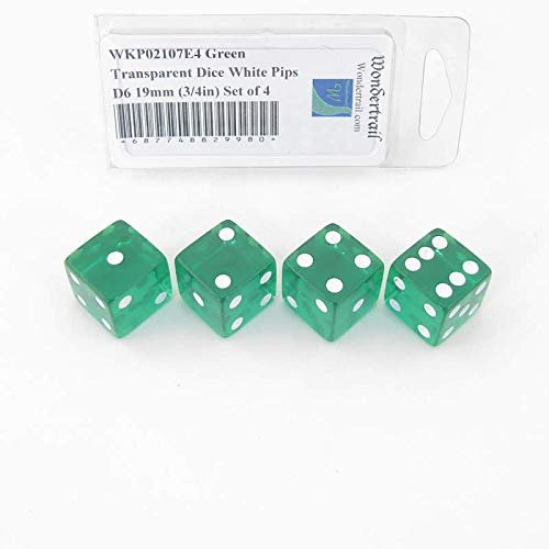 Green Transparent Dice with White Pips Square Corners D6 19mm (3/4in) Set of 4 Wondertrail