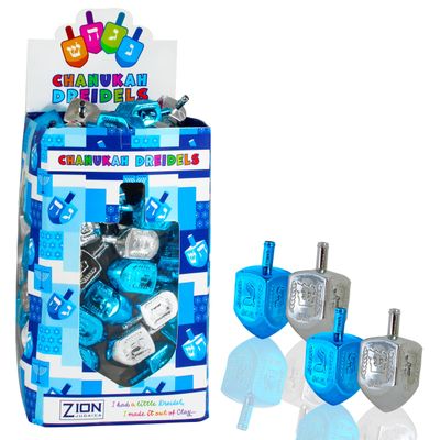 Aviv Judaica Metallic Dreidels with English Transliteration Counter-Display Box of 100 Driedels in Bulk Blue and Silver Hanukkah Spinning Tops for Traditional Chanukah Game or Party Decorations