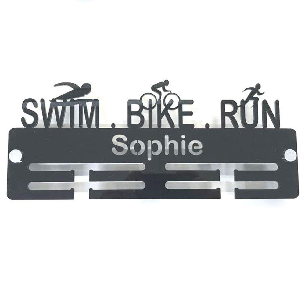 Super Cool Creation Personalised"Swimmer, Biker, Runner" Medal Hanger - Black