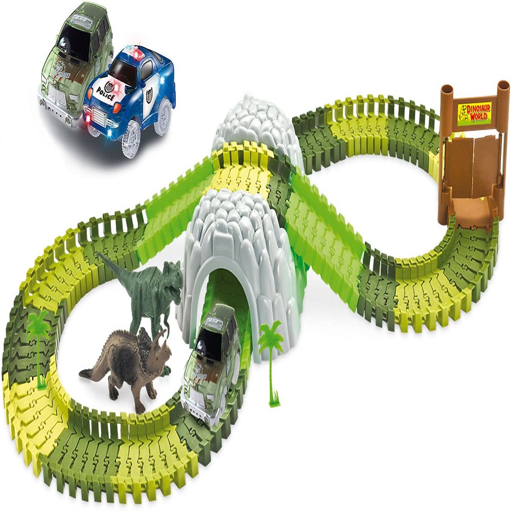 Amewi Magic TRAXX Race Track, Car Racing in Dino Park, 374 Piece Mega Set with Tunnel and Storage Box
