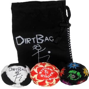 DIRTBAG All Star Footbag 3 Pack with Pouch, 100% Handmade, Premium Quality, Bright Vivid Colors, Signature Carry Bag - Black/White