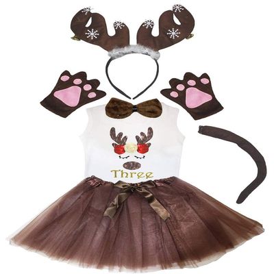 Petitebella Reindeer Number White Shirt Headband Brown Tutu 6pc Costume 1-8y (Three, 5-6year)