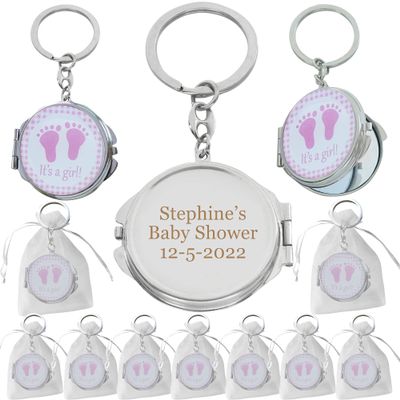 12 PCS Personalized Baby Shower Pink Girl Mirror Keychain Favors with Baby Footprint Design Custom Engraving Gift