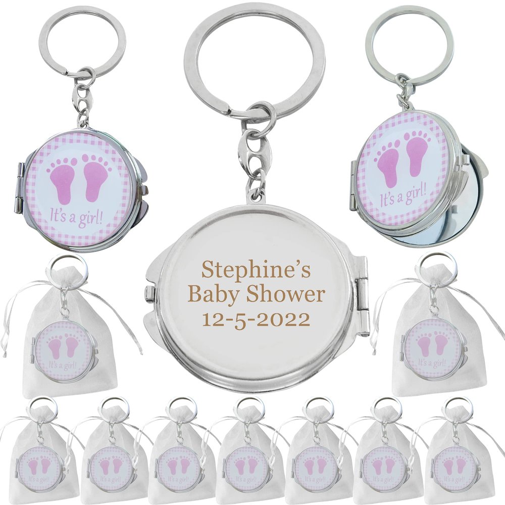 12 PCS Personalized Baby Shower Pink Girl Mirror Keychain Favors with Baby Footprint Design Custom Engraving Gift