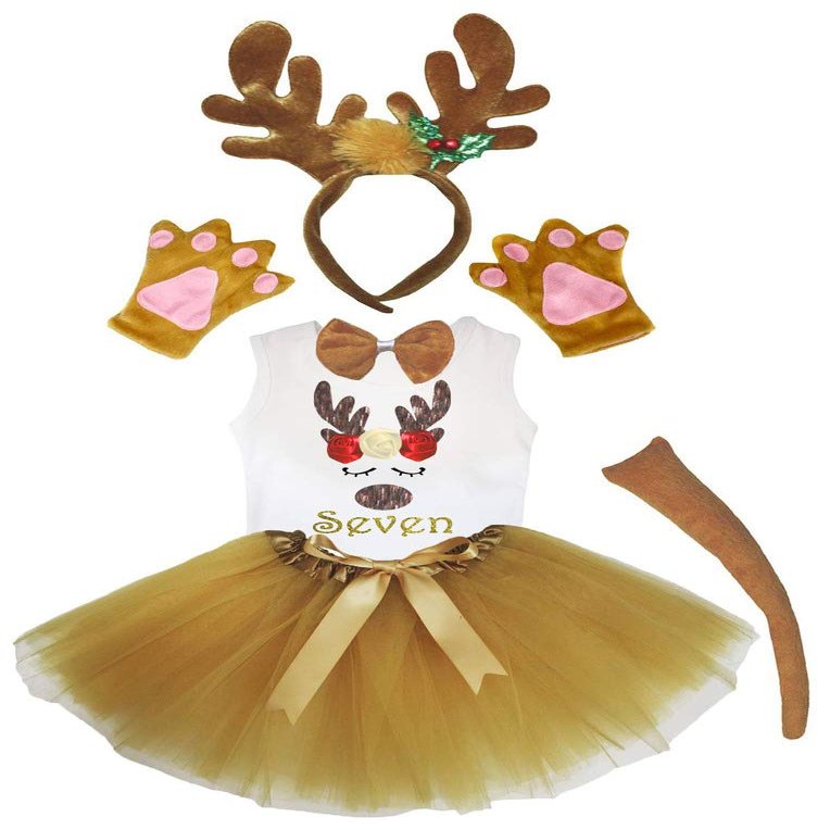 Petitebella Reindeer Number White Shirt Headband Khaki Tutu 6pc Costume 1-8y (Seven, 6-8year)
