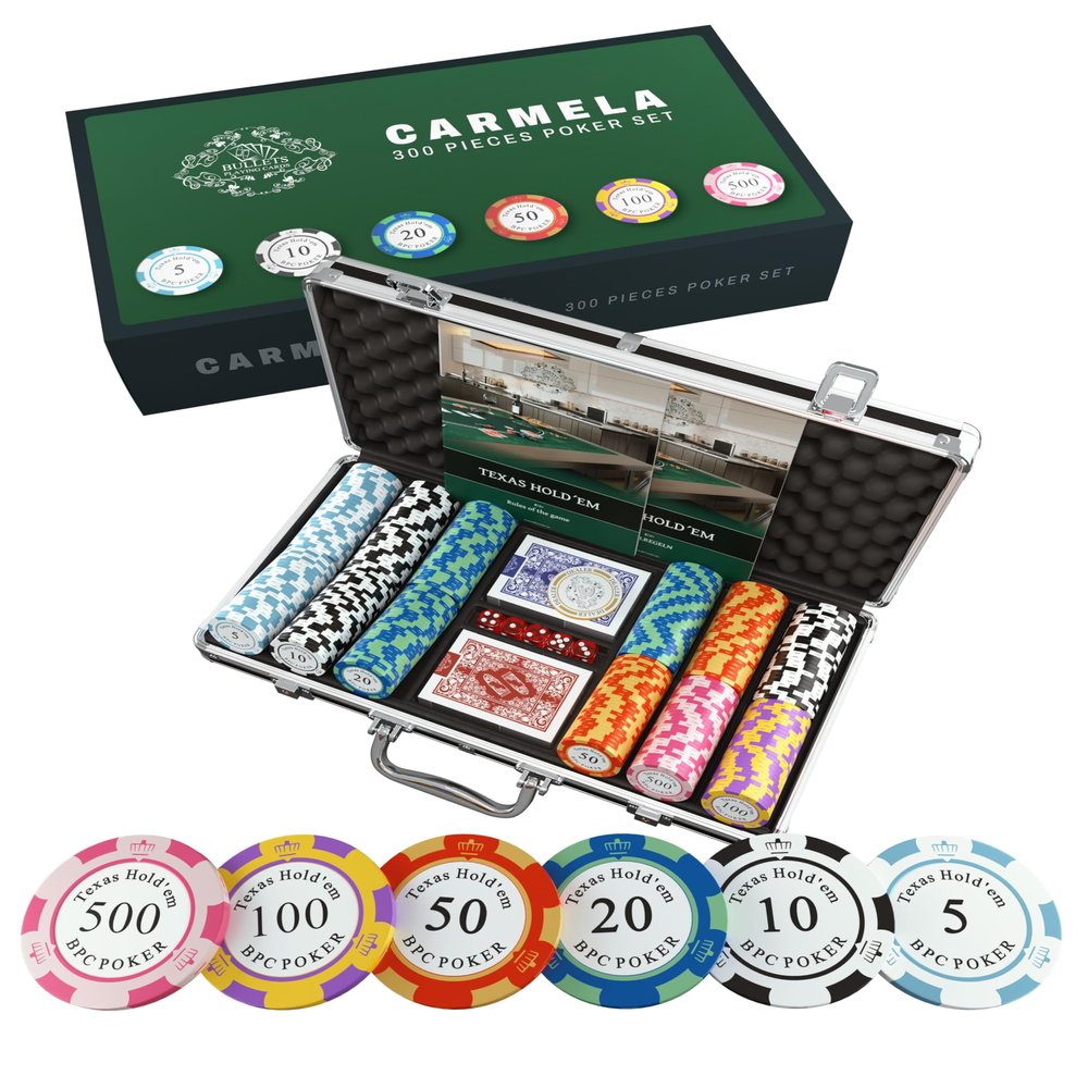Bullets Playing Cards | Poker Set Carmela | 300 clay poker chips (14 g) with aluminum case, plastic playing cards & dice  Texas Holdem, numbered values