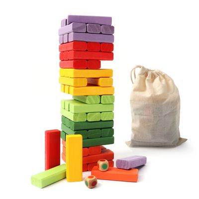 GSE Games & Sports Expert 54-Piece Multi-Color Mini Tumbling Timbers Set, Wooden Blocks Stacking Floor Game, Tower Building Blocks Balancing Game with Bag (Build to Over 1.8ft)