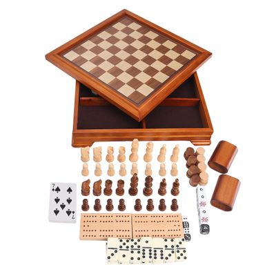 GSE Games & Sports Expert Wooden 7-in-1 Chess, Checkers, Backgammon, Dominoes, Cribbage Board, Playing Card & Poker Dice Game Combo Set (Deluxe)