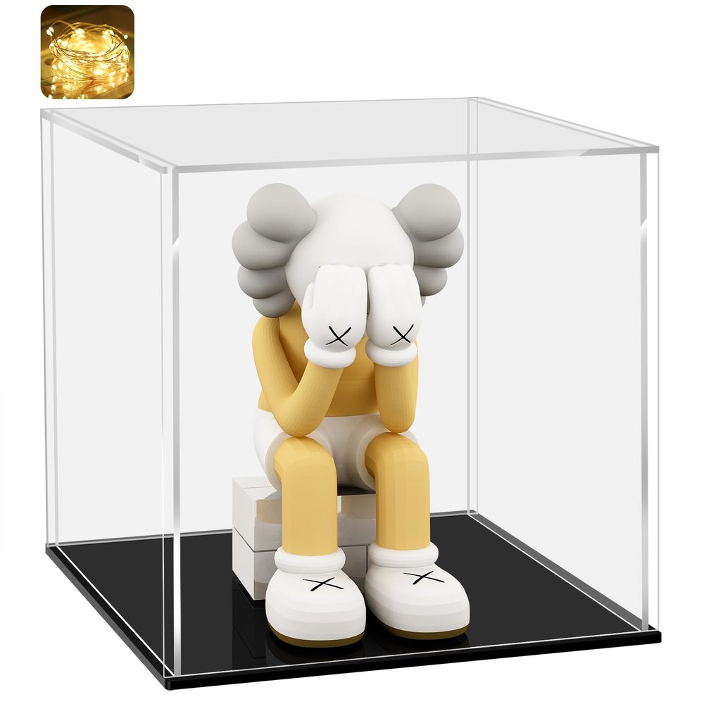 LANSCOERY Acrylic Display Case, 10x10x10 in Clear Display Box with 2mm Panels, Black Base for Building Block Models and Collectibles
