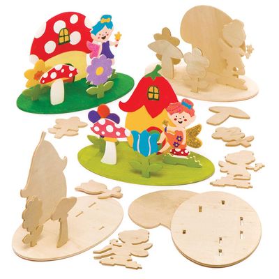Baker Ross AW283 Wooden 3D Fairy Scene Kits - Pack of 4, Woodcrafts for Kids to Design, Paint, Decorate and Then Use