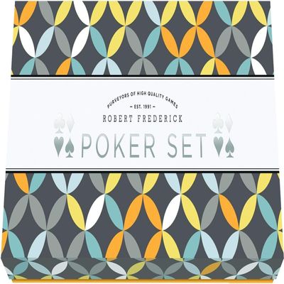 Robert Frederick 1 Set of Cards, 80 Poker Chips & Dealer Button, in Patterned Box