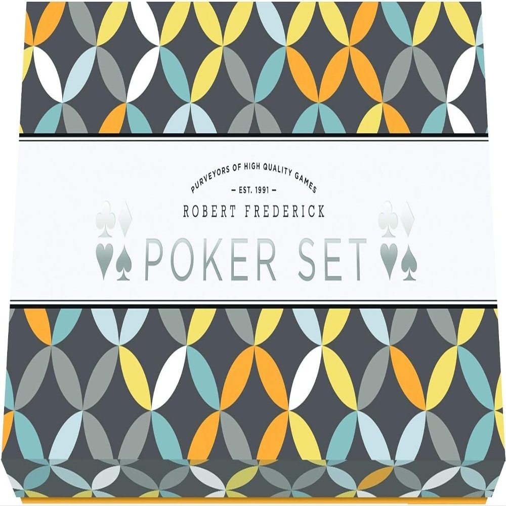 Robert Frederick 1 Set of Cards, 80 Poker Chips & Dealer Button, in Patterned Box