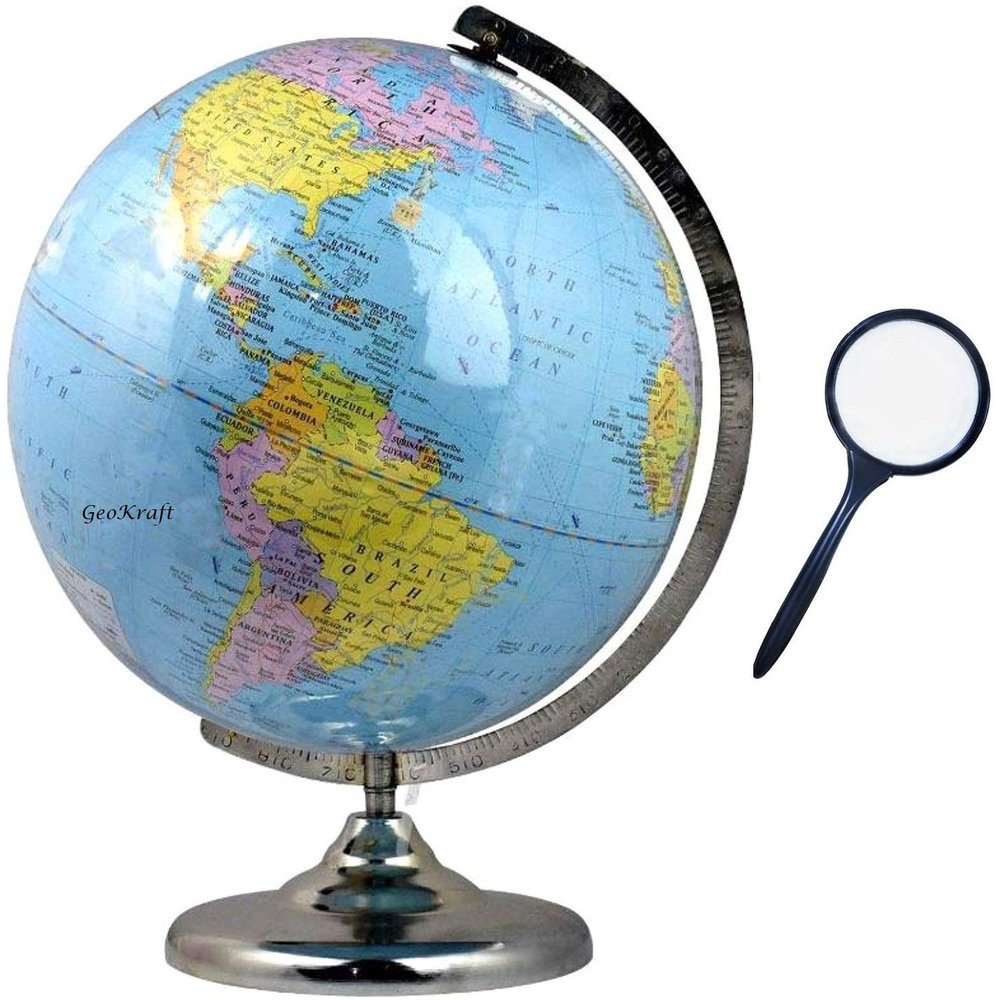 GeoKraft 12 Inch Educational Laminated Globe with Steel Finish Arc and Base with Magnifying Glass/World Globe/Home Decor/Office Decor/Gift Item/Birthday Gift
