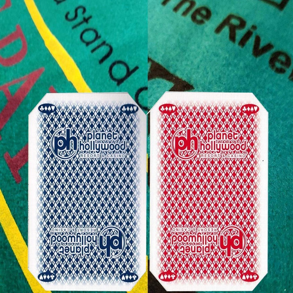 Wide Selection Blackjack/Texas Hold'em Bundle Set: 2-Sided 36" x 72" Felt Layout + Pair Authentic Las Vegas Casino Table-Played Card Decks (Planet Hollywood)